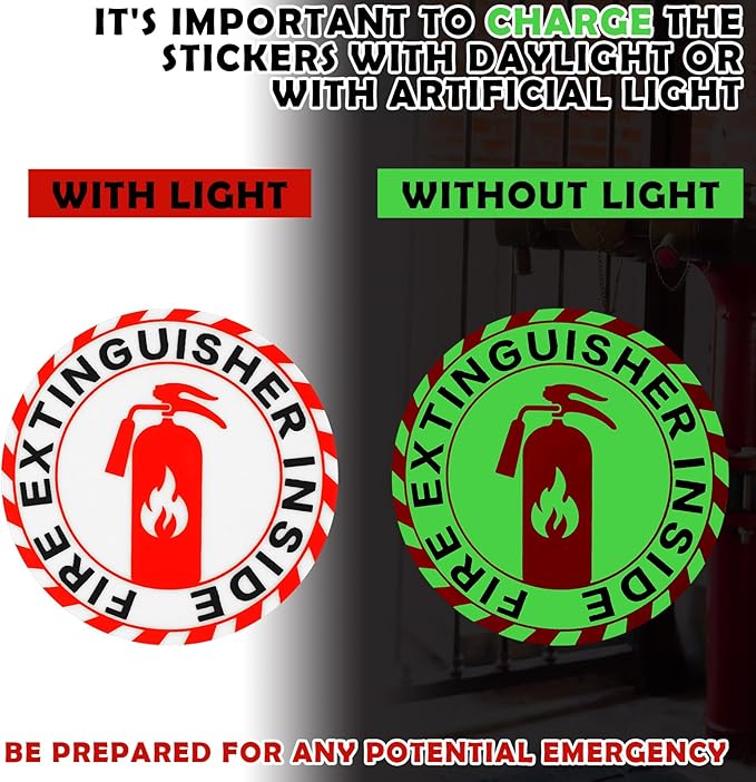 4 Pcs Fire Extinguisher Inside Sticker 2.76 x 2.76 Glow in the Dark Fire Extinguisher Sign Label Self Adhesive Waterproof Sticker for Indoor Outdoor Business Office Warehouse