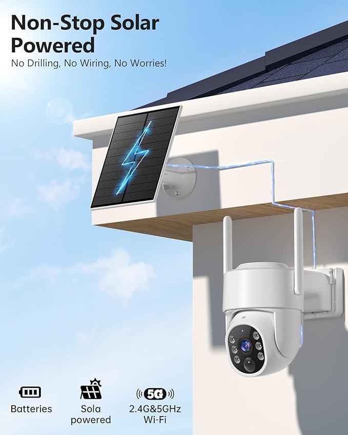 5G&2.4GHz Security Cameras Wireless Outdoor, 2K Cameras for Home Security, Solar & Battery Powered Security Camera Outdoor, Color Night Vision, PZT Human Detection, 2 Packs