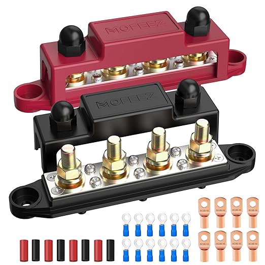 MOFEEZ Power Distribution Block Bus Bar, 4 x 3/8" Post Marine Bus Bar Battery Busbar Terminal Block with Cover, Lugs, Ring Terminals (Pair, Red & Black)