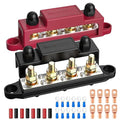 MOFEEZ Power Distribution Block Bus Bar, 4 x 3/8" Post Marine Bus Bar Battery Busbar Terminal Block with Cover, Lugs, Ring Terminals (Pair, Red & Black)