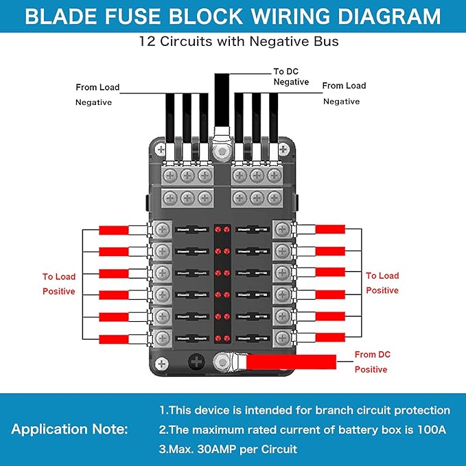 12 Way 12V Blade Fuse Block,12 Circuit ATC/ATO Fuse Box Holder with LED Indicator Waterpoof Cover for 12V/24V Automotive Truck Boat Marine RV Van Vehicle