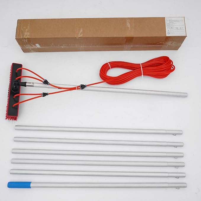 Reach Solar Panel Cleaning Brush Kit, 14" Width Cleaning Brush, Window Washing Equipment Kit with Telescopic Pole 65ft Water Hose Ideal for Snow Removal Windows Boats RVs Decks (22.97ft)