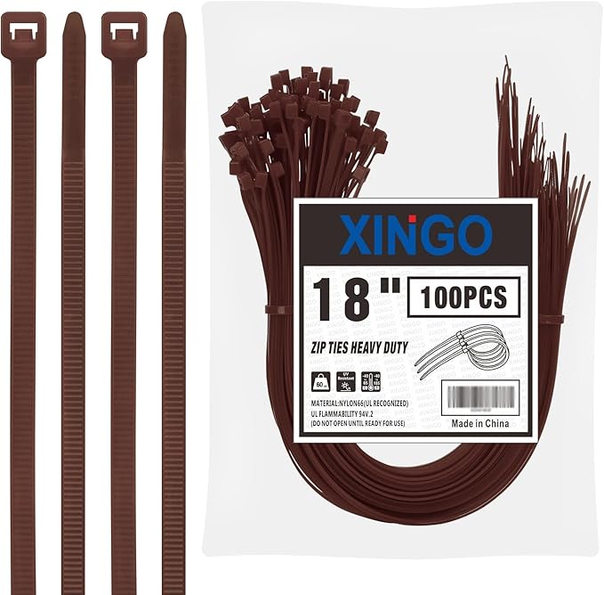 XINGO 18 inch Brown Zip Ties Heavy Duty (100 Pack), Black, 60lb Tensile Strength, UV Resistant Cable Ties for indoor and outdoor use