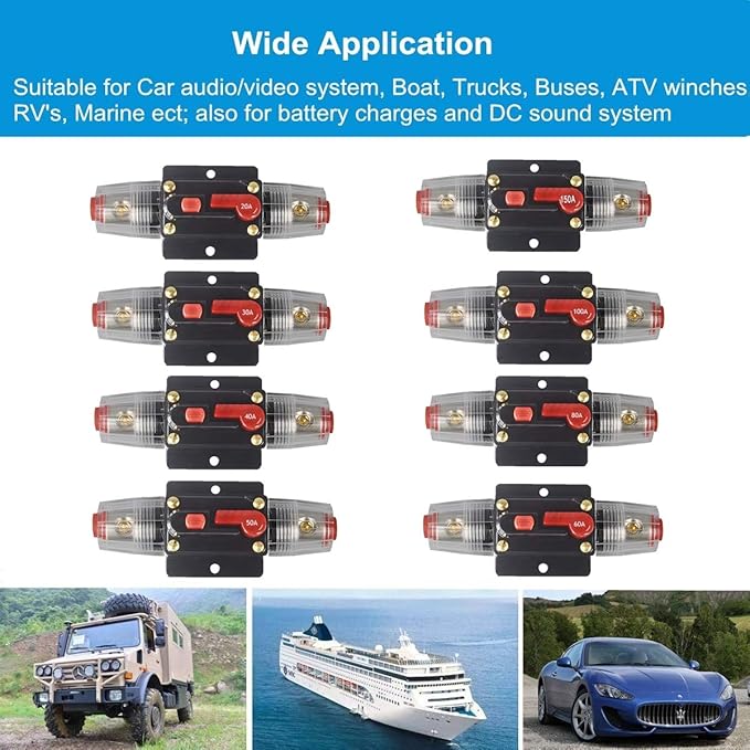 30A 40A 50A 60A 80A 100A 150A Audio Circuit Breaker Auto Car Stereo Inline Fuse Holders Inverter, Manual Reset 12V-24V DC for Automotive Marine Boat Audio System Protection (40A)