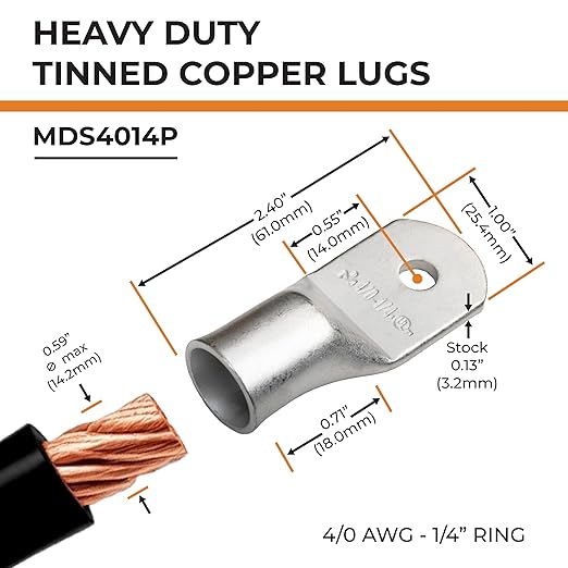 SELTERM 5pcs 4/0 AWG 1/4" Stud Tinned Copper Wire Lugs, Battery Lugs, Ring Terminals, Battery Cable Ends, 0000 Gauge Ring Terminal Connectors, UL Marine Grade Electrical Battery Terminal Connectors