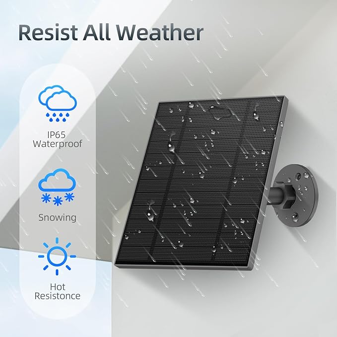 5W Solar Panel for Security Camera, Solar Panel with Micro USB & USB-C Port for DC 5V Outdoor Rechargeable Battery Camera, IP65 Waterproof, 360° Adjustable Security Mount, 9.8ft Cable(Black 1PC)