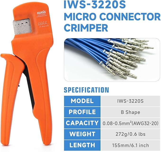 iCrimp IWS-3220S Micro Pin Connector Crimping Tool, AWG 32-20, Ratchet Crimper for JST XH, PH, SH, Molex KK, D-sub Terminals