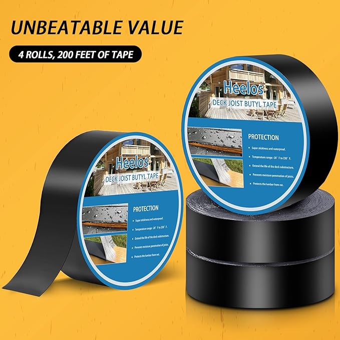 4 Pack Joist Tape for Decking 1-5/8"×50', Weather-Resistant Deck Butyl Joist Tape,Waterproof Joists Tape for Flashing Deck Joists and Beams Building Joists