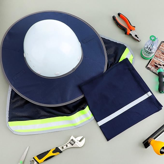 SATINIOR 2 Pcs Sun Hard Hat Neck Protection High Visibility Full Brim Mesh Sun Protection and Neck Gaiter Bandana Face Scarf for Construction Helmet Hard Hat Accessories, Reflective(Navy Blue)