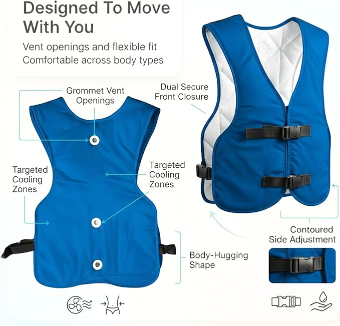 PCM Ice Vest for Men and Women - Adjustable Cooling Vest - Freezes in 30 Min - Special Phase Change Material (PCM) that Freezes Anywhere under 64Deg (Blue)