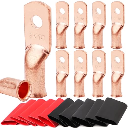 TKDMR 10pcs 6 AWG- #10 Battery Lugs,Heavy Duty Wire Lugs,Ring Terminals,Battery Cable Ends,0 Guage terminals,Battery Terminal Connectors with 10pcs 3:1 Heat Shrink Tubing