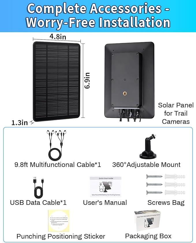 Trail Camera Solar Panel, 3W Solar Panel Charger with 5000mAh Battery and 12V/1A 6V/1.5A USB-C & DC Port 9.8ft Cable, IP65 Waterproof Solar Panel for Trail Camera,Game Cameras, Hunting Accessory