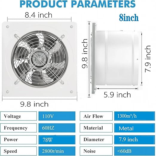 8 inch Exhaust Fan Wall Mounted Garage Ventilation Fan,500CFM Metal Attic Exhaust Fan Basement Extractor Fans with Backdraft Damper for Home Office Commercial Use(78W 110V 、White)