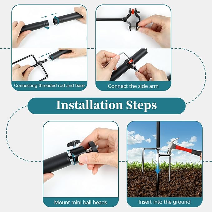 Heavy Duty Ground Stake Mount Stand, 2-Pack Upgraded 56" Trail Camera Holders with 4-Pack 360° Adjustable Ball Heads 1/4"-20(6mm) for Outdoor Trail Camera, DSLR, Solar Panel, LED Light, Birdhouse