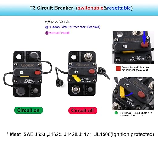 12V 24V 15A Circuit Breaker Manual Reset for Car RV Solar Marine Automotive, 12 Volt-32V DC Boat Trolling Motor Breaker 15 Amp, T3 Resettable in-Line Fuse, Overload Protection, Waterproof