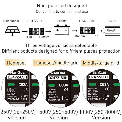 DC 36V to 250V Circuit Breaker 16/20/25/32/40/50/63A - 6kA PV Solar & Battery Protector, AC/DC Short-Circuit Overload Automatic Cut-Off, DIN Rail Mount, Fire-Safe Black Protector (63A)