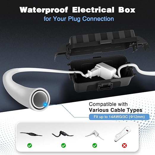 FLEMOON IP55 Outdoor Electrical Box Waterproof with Detachable Awning Covers, 8.3 x 4.1 x 3.7 inch Weatherproof Extension Cord Cover, Easy Installation for Outdoor Plug, Outlet, String Lights, Black