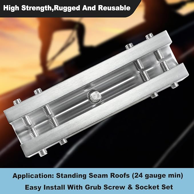 Fall Protection Standing Seam Roof Anchor Clamp with 360° Swivel Point | Fall Arrest Roofing Harness Safety Kit | Aluminum Alloy Anchor | OSHA/ANSI Compliant | Bolts and washers included (8inches)