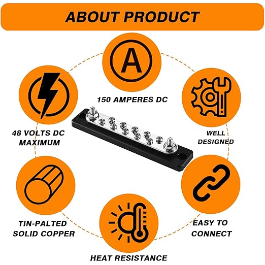 Common Busbar Power Distribution Block Battery Terminal Block for Car & Marine Applications 1/4" M6 150A with Dustproof Cover & Screw CBB (10 Poles)