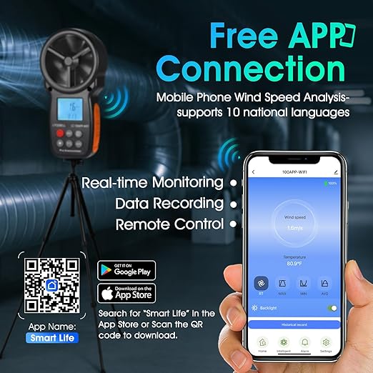 WiFi Anemometer Handheld, Digital Wind Speed Meter with Smart APP, 0.3-40m/s Range, Temperature Measuring, Data Logging, CFM Air Flow Meter for HVAC Outdoor Hunting Sailing Shooting Drone