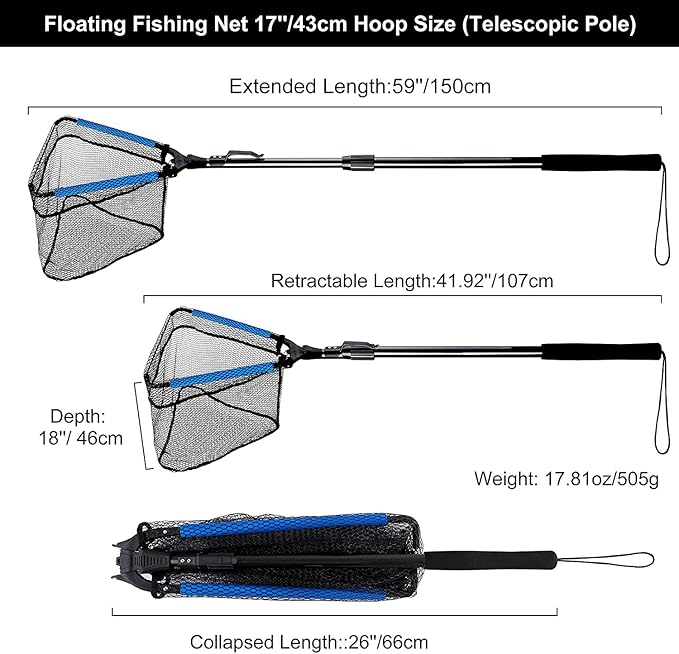 PLUSINNO Fishing Net Fish Floating Landing Net, Kayak Nets with Fixed Foldable Telescopic Pole Handle, Bass Trout Fishing Nets with Nylon Mesh for Pond Lake River, Fishing Gear Gifts for Men Anglers