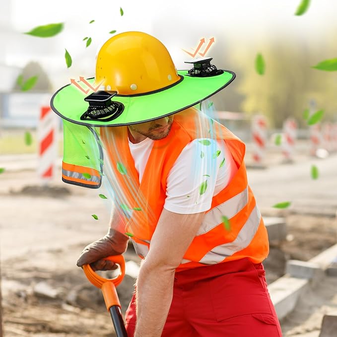 2 Sets Sun Hard Hat Shade Neck Protection with Solar Fans, Full Brim High Visibility Sun Visor Mesh Bandana Scarf for Hard Hat Accessories, Reflective(Fluorescent Yellow, Fluorescent Green)