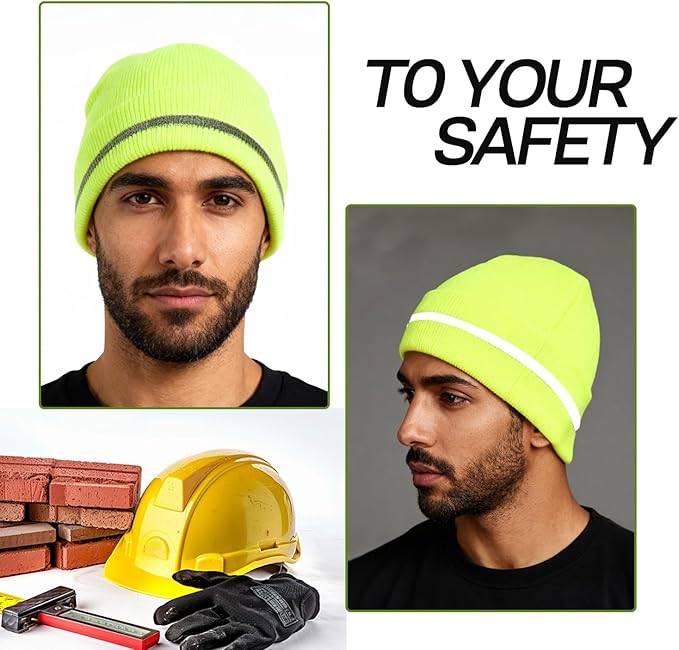Sucrain 2 PCS Reflective Knit Hat Adult Safety Beanies Hats Warm Winter Knit Caps with Reflective Stripes for Outdoor Work