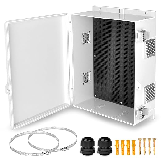 Electrical Junction Box, Outdoor Water Resistant Nema Enclosure, Ventilated ABS Plastic WiFi Project Box with Internal Mounting Panel & Hinged Cover 15.75" Lx 11" Wx 5.9" H