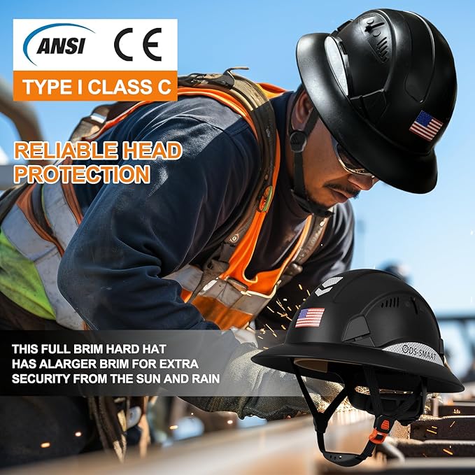 Full Brim Hard Hat ANSI Z89.1 Type 1 & OSHA Certified Safety Helmet with Glasses and Cooling Towel,with 6-Point Suspension & Adjustable Vents
