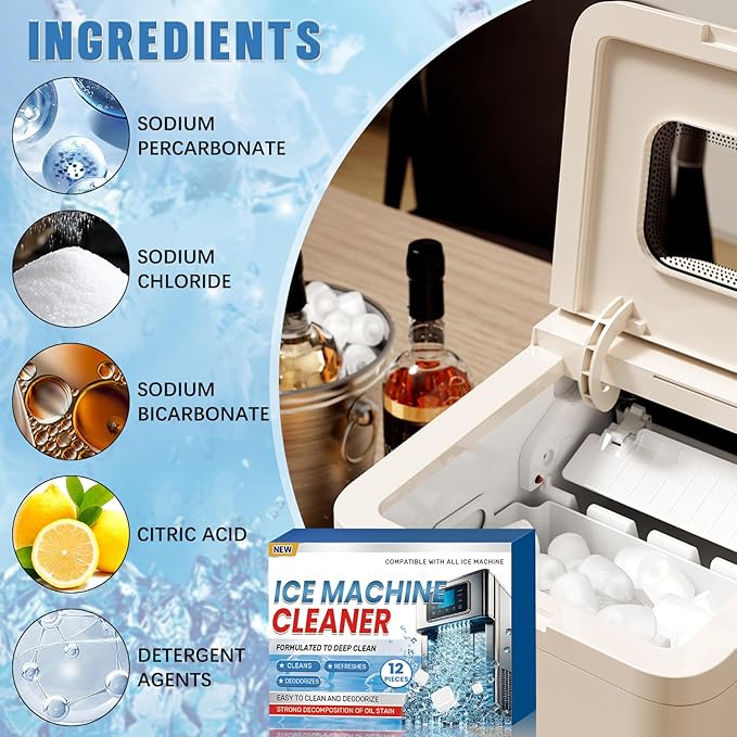 Ice Machine Cleaner Maker Descaler, 12 Ice Maker Cleaner Tablets, Remove Hard Water Mineral Buildup Clean Tablets Ice Makers, Nickel Safe Scale Remover for All Ice Machines