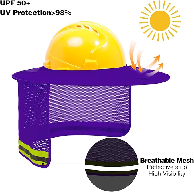 Hard Hat Sun Shade, High Visibility Sun Visor Neck Shade with Reflective Strip, Full Brim, Man & Woman (Hard Hat Not Included), Purple, 3 Pack