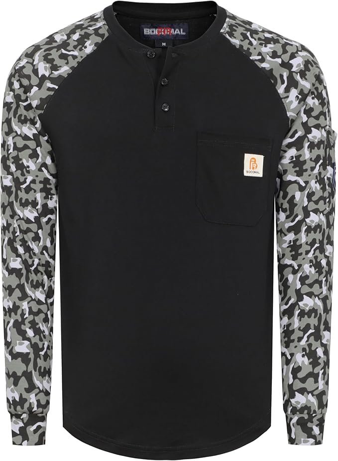 BOCOMAL FR Shirts for Men 5.5oz Lightweight Long Sleeve Work Henley Fire Resistant Shirt CAT2