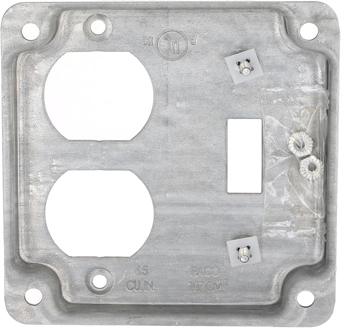Hubbell-Raco 906C 1 Duplex Receptacle and Toggle Switch 4-Inch Square Exposed Work Cover, Steel