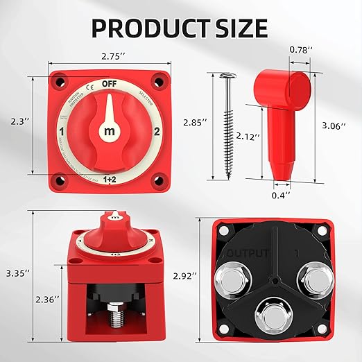 Battery Disconnect Switch 12V-48V 300A Heavy Duty 4-Position Battery Switch Selector, Waterproof Ignition Protected Marine Battery Kill Switch for Car, Boat, RV, Truck, ATV