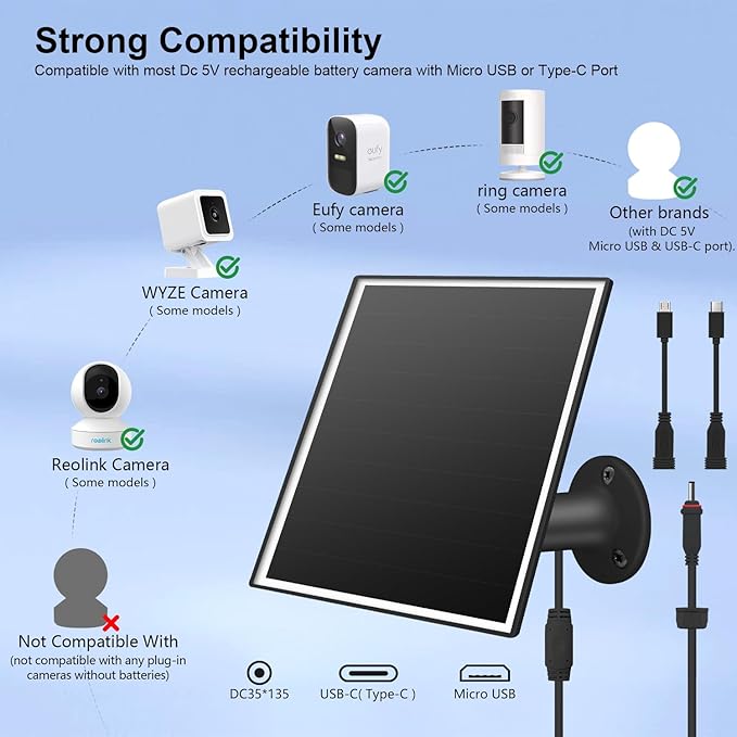 6W Solar Panel Charger for Outdoor Security Cameras. Micro USB/USB - C/DC (35 * 135) Fits Eufy/Wyze/Ring Camera, 9.8ft Cable,Waterproof Stabilization System for Battery Protection Fast Charging
