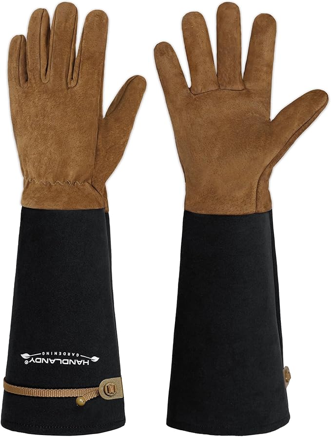 HANDLANDY Long Gardening Gloves for Men & Women, Pigskin Leather Rose Pruning Gloves, Breathable Thorn Proof Gauntlet Glove (Coffee Brown, XL)