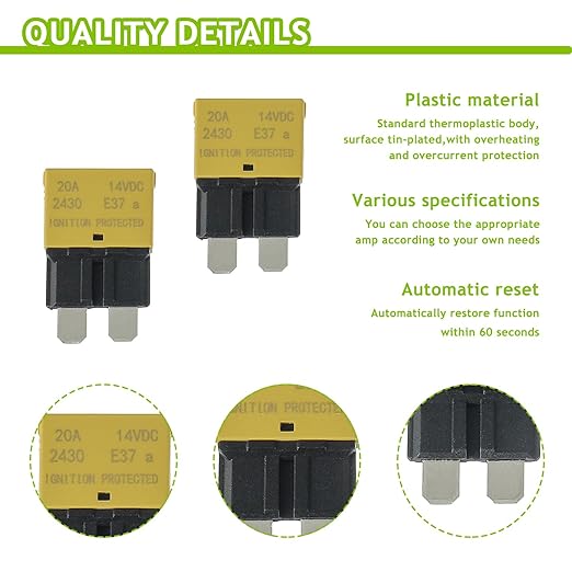 20A DC 12V-14V Auto Reset Circuit Breaker ATC/ATO Low Profile T1 Mini Blade Fuses Breakers for Car Trucks Marine Boat RV Solar and More,2 Pack