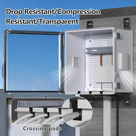 ABS Electrical Junction Box, Ventilated Design, Cable Grommets, IP65 Waterproof Enclosure, Indoor/Outdoor Use with Mounting Panel. (Clear Cover, 11.9"x11.9"x7")