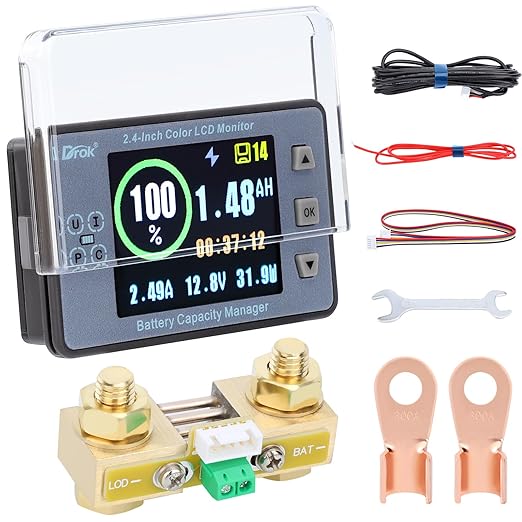 DROK Battery Monitor, DC 8-100V 300A Charge Discharge Split Type Coulometer 12V 24V 36V 48V 60V Coulometer Watt Meter, Capacity Percentage Time Power Voltmeter Ampmeter for RV Solar Panel Golf Cart