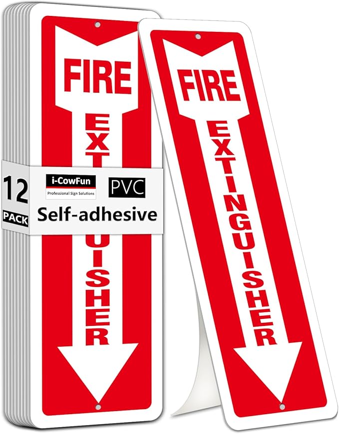 (12 Pack) Self-adhesive Fire Extinguisher Sign, 12" x 4" Durable Plastic Fire Extinguisher Sticker for Business and Home Use, Indoor, Outdoor, 20 Mil Thick PVC Safety Signs, Weather-resistant, No Fade, Easy to Install