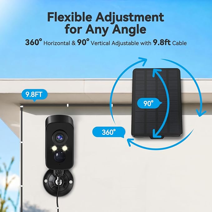 3W Solar Panel for Battery-Powered Security Cameras,USB-C & Micro USB Solar Charger for Wireless Outdoor Cameras,IP65 Waterproof, 9.8ft Cable, 360° Adjustable Mount (Black, 1 Pack)