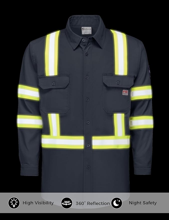 Ubon FR Shirts for Men High Visibility Welding Shirt 100% Cotton Button Down Long Sleeve Safety Workwear 6.5 oz