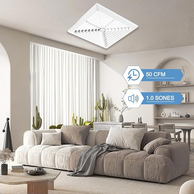 Bathroom Exhaust Fan 50 CFM 1.0 Sone, 3-Inch Duct, Quiet,Energy Star Certified, Easy to Install, No Attic Access Needed,Ceiling or Wall Mounted, Classic White Grille