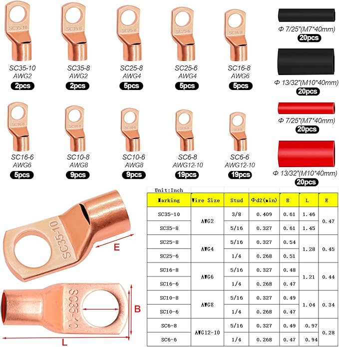 Taiss 160PCS Battery Cable Ends,Copper Wire Lugs,AWG 2/4/6/8/10/12 Gauge copper lugs assortment,Copper Ring Terminals Connectors with Heat Shrink