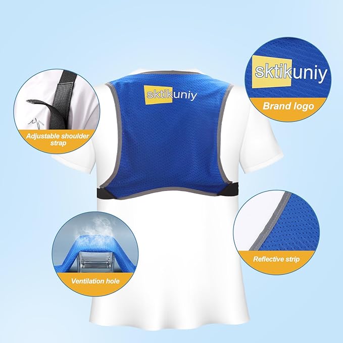 Cooling Vest with 3 Ice Packs, Lightweight Breathable Design, Adjustable Shoulder Straps, Reflective Trim, Blue