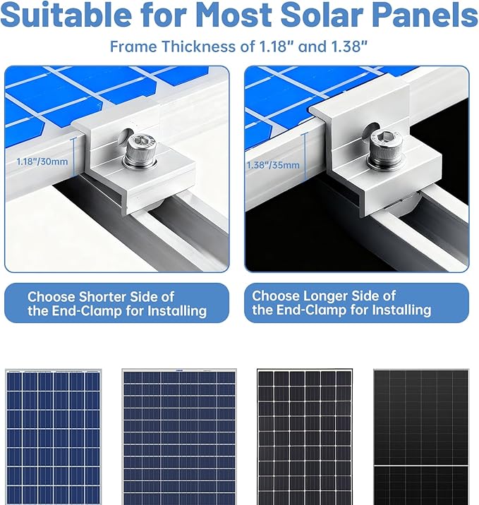 Solar Panel Mounting Bracket Kit, 10 Pcs Aluminum Solar Panel Roof Mount Set with Mounting Rails, Mid & End Clamps, Universal PV Module Rack for Metal, Tin, Flat, Sheet Rooftop Installation & Fixing