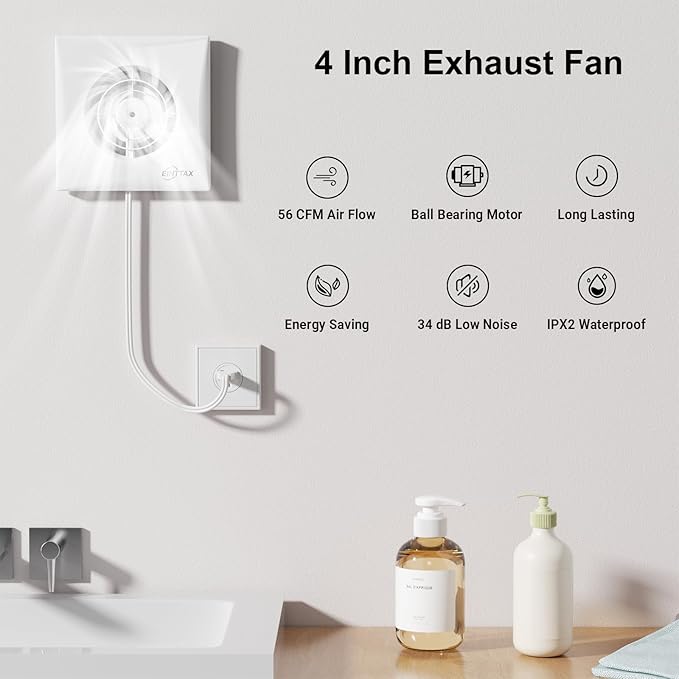 4 Inch Wall Mount Bathroom Exhaust Fan, Plug in Wall Exhaust Fan, 56 CFM Quiet Bathroom Window Fan with Backdraft Damper for Kitchen, Toilet, Workshop, 12W, 34 dB, White