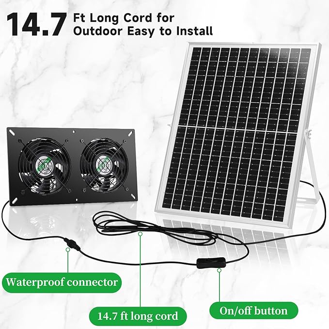 25W Solar 2 Fan Kit for Outdoor Greenhouse, Solar Powered Vent Exhaust Ventilation Fan for Chicken Coop, Shed Air Circulation, 14.7 Ft Long Cord with IP65 Weatherproof Rate