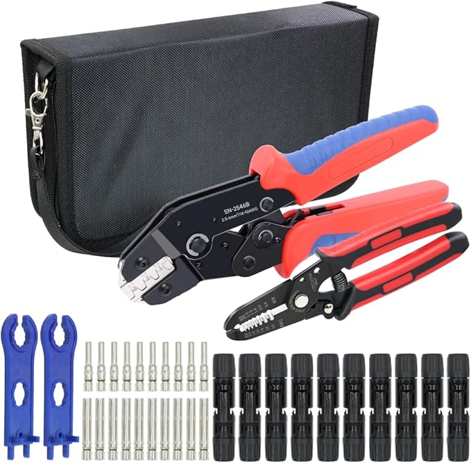 Solar PV Panel Crimping Tool Kit with Crimper Stripper and 10 Pairs Solar Connectors and 1Pair Solar Connector Spanner Wrench, Solar Crimper Tool works for AWG14-10,2.5/4/6mm²