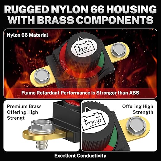 Side Post Battery Disconnect Switch 12V–48V, Nylon 66 & Brass, Flame-Retardant, Corrosion-Resistant, Battery Cut Shut Off Kill Switch for Car Trucks RVs Marine and Camp Trailers